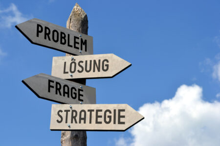 Wegweiser: Problem, Losung, Frage, Strategie Richtungen.