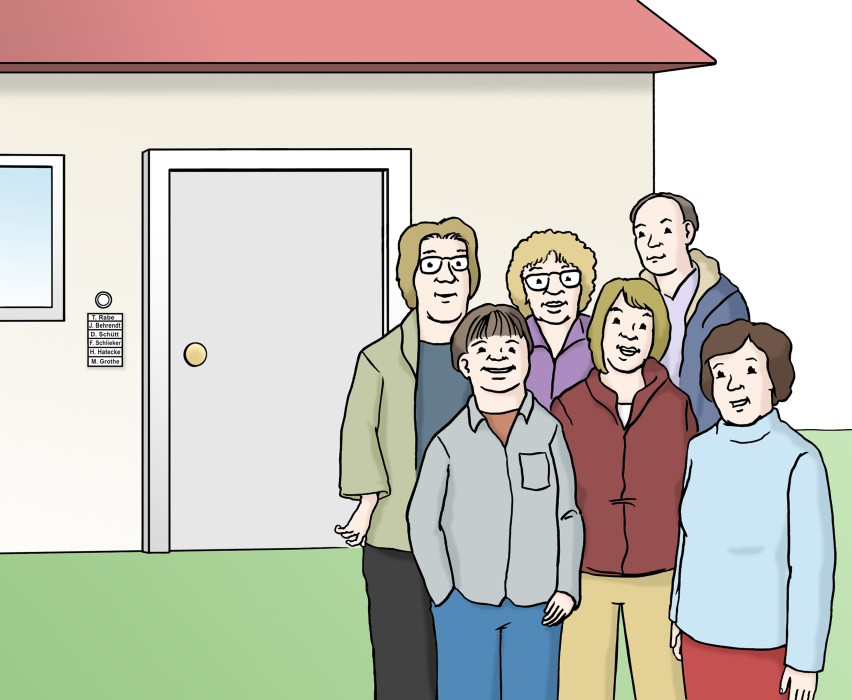 Eine Wohngruppe steht vor einem Haus.