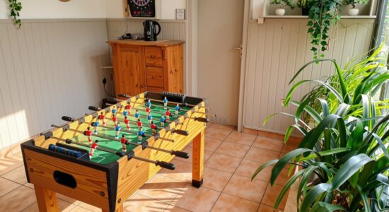 Heller Raum mit einem hölzernen Kickertisch auf Fliesenboden. Dahinter stehen ein Holzschrank mit Wasserkocher und darüber eine elektronische Dartscheibe, daneben eine geschlossene Tür und ein Wandbord mit kleinen Pflanzen; rechts am Fenster große Topfpflanzen und links runde Flechtdekorationen.